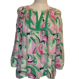 Crown & Ivy Peasant Blouse Split Neck Embroidered Details Size XXL Pink Green